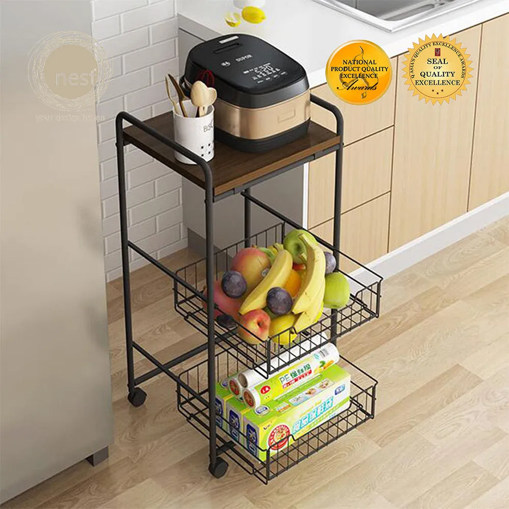 NEST DESIGN LAB Premium Kitchen Basket Rack 3 tier with Wheels