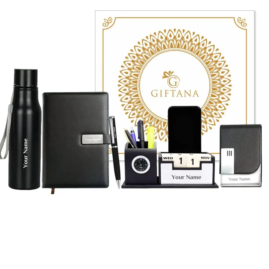 Personalized 5 in 1 Gift Set Steel Bottle, Notebook Diary, Metal Pen, Desk Organiser and Cardholder.