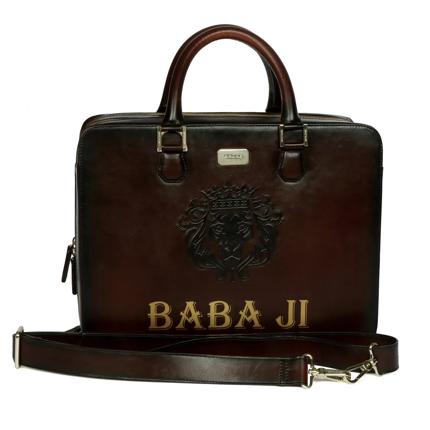 Personalized "BABA JI"Hand-Painted Initial Embossed Lion Dark Brown Leather Laptop Office Briefcase by Brune & Bareskin