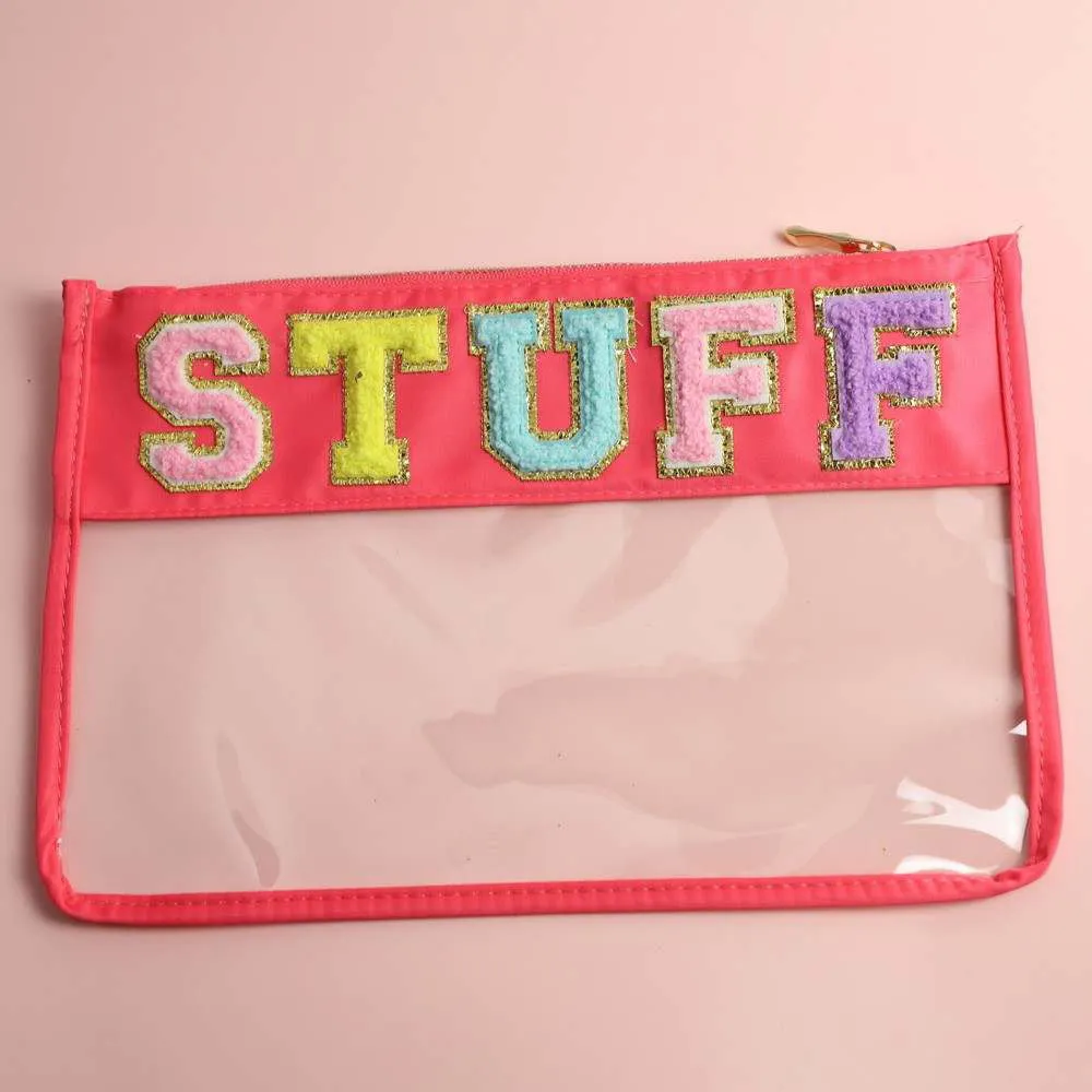 Personalized Waterproof Pvc Zipper Toiletry Bag Transparent Chenille Letter Patches Makeup Organizer Bag Clear Cosmetic Bag - Assorted Designs