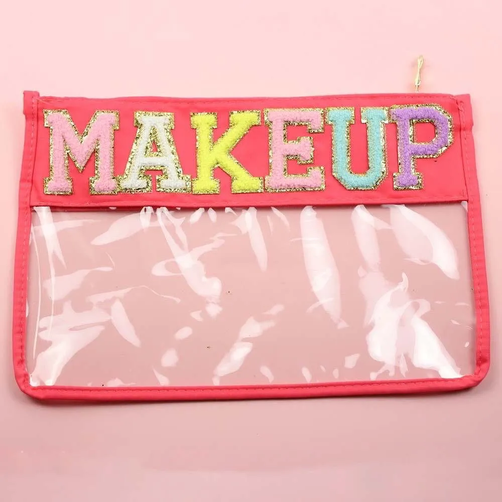 Personalized Waterproof Pvc Zipper Toiletry Bag Transparent Chenille Letter Patches Makeup Organizer Bag Clear Cosmetic Bag - Assorted Designs