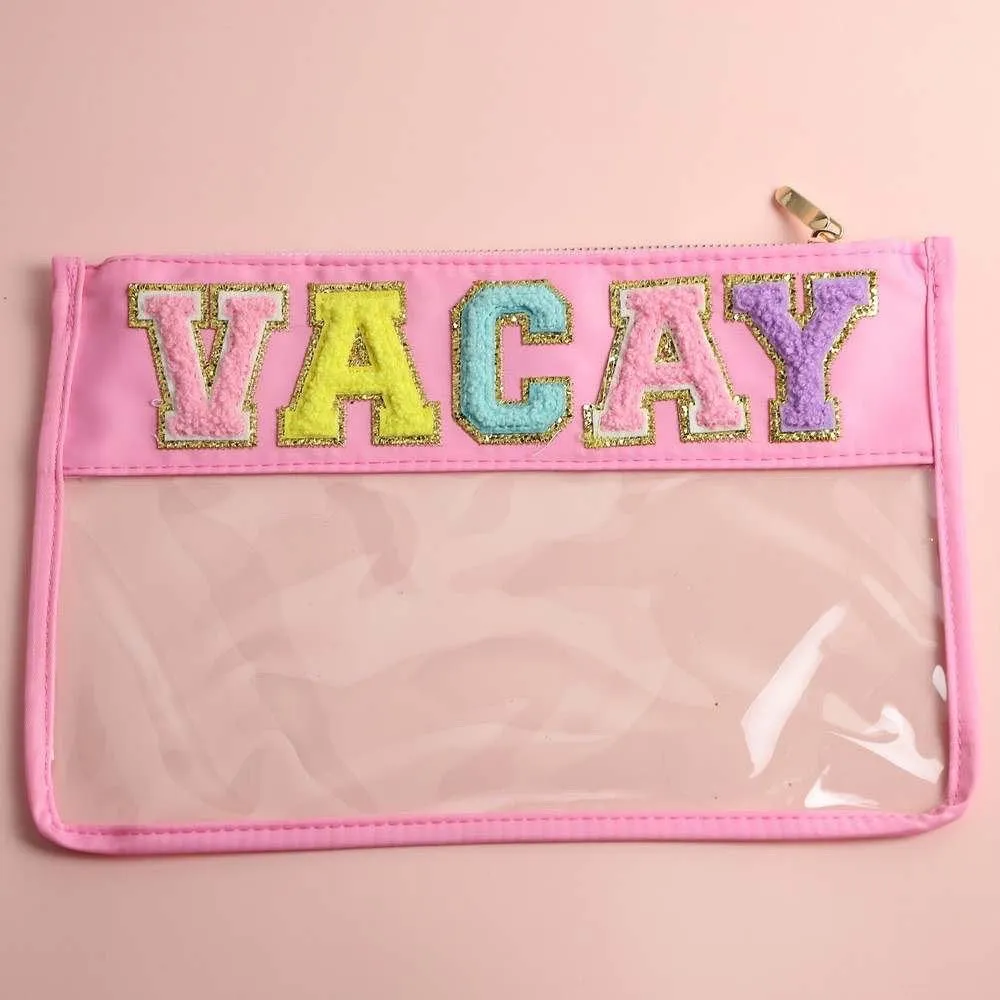 Personalized Waterproof Pvc Zipper Toiletry Bag Transparent Chenille Letter Patches Makeup Organizer Bag Clear Cosmetic Bag - Assorted Designs