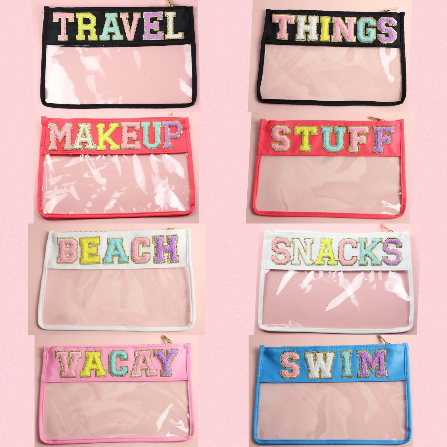 Personalized Waterproof Pvc Zipper Toiletry Bag Transparent Chenille Letter Patches Makeup Organizer Bag Clear Cosmetic Bag - Assorted Designs