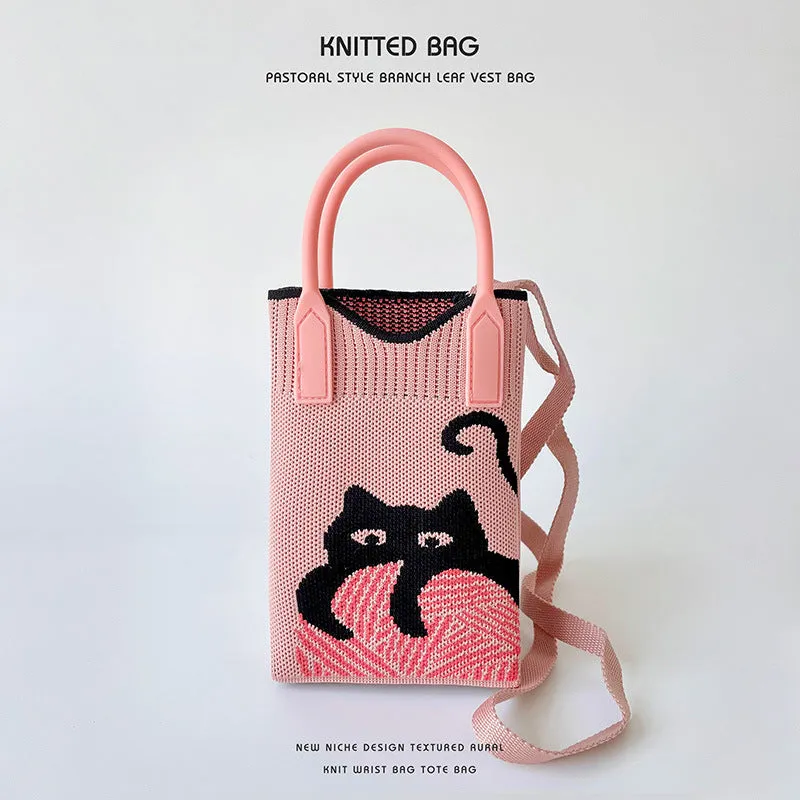 Pink Heart Shape Mini Phone Bag Knit Tote