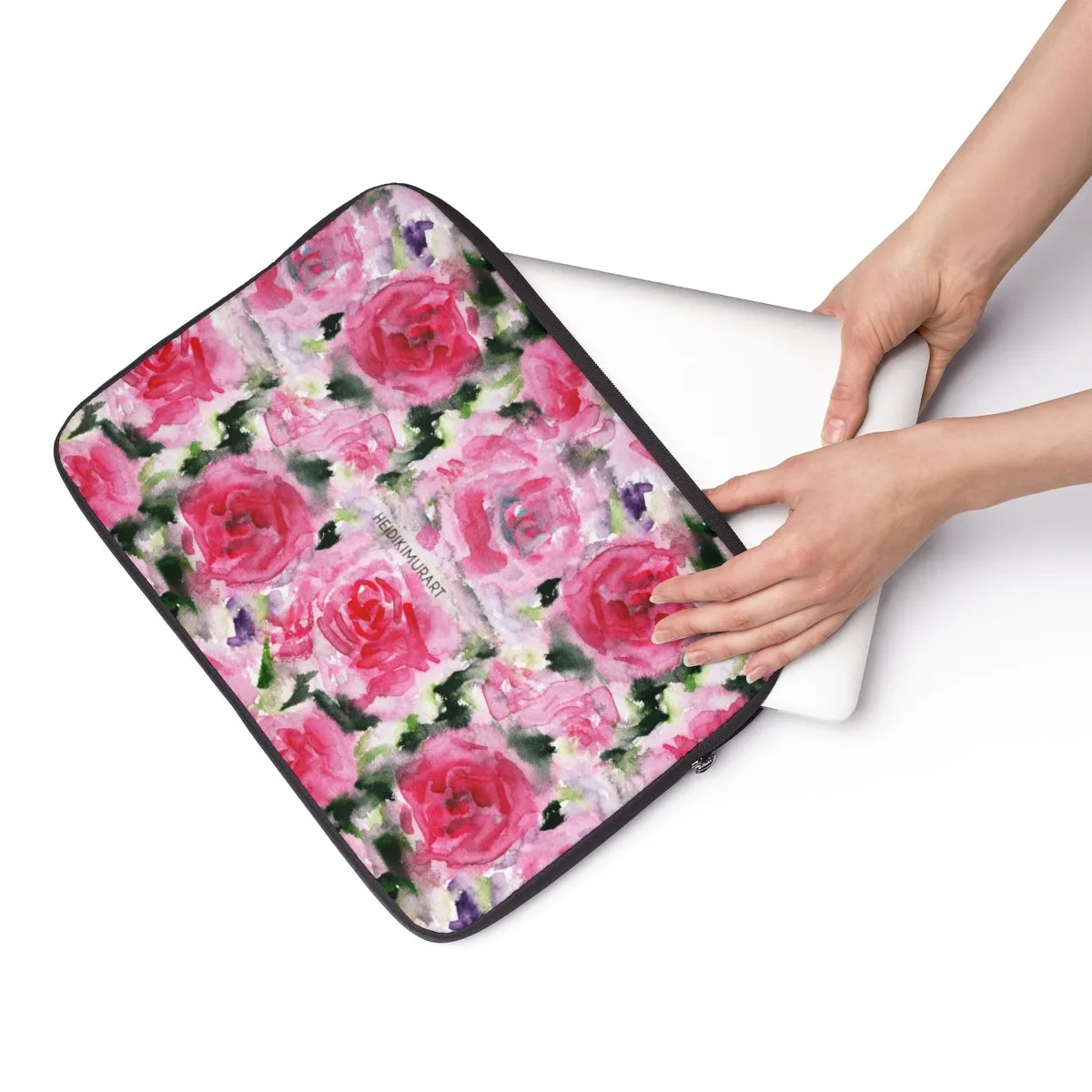 Pink Rose Floral Print 12', 13", 14" Laptop Sleeve Computer Bag Cover- Made in the USA