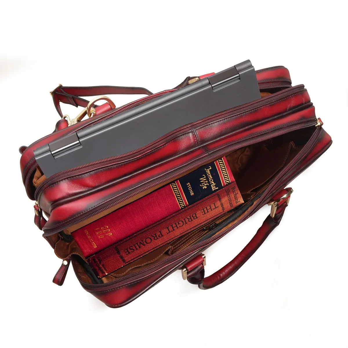 Red Leather Office Briefcase With Extra Compartment