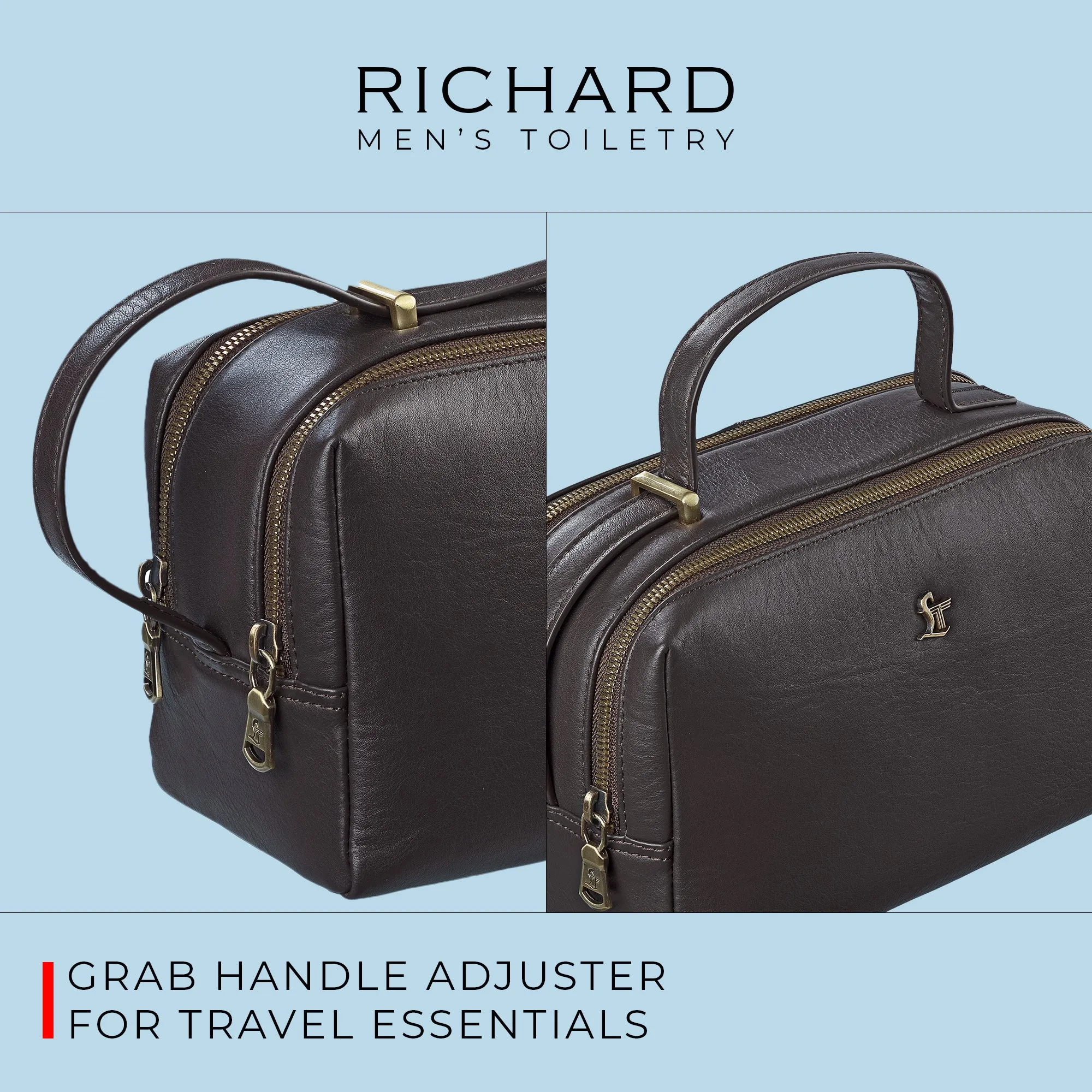 Richard's Leather Toiletry  /  Shaving Kit Bag For Men | For Carrying Grooming Essentials & Travel | In Black, Brown & Tan