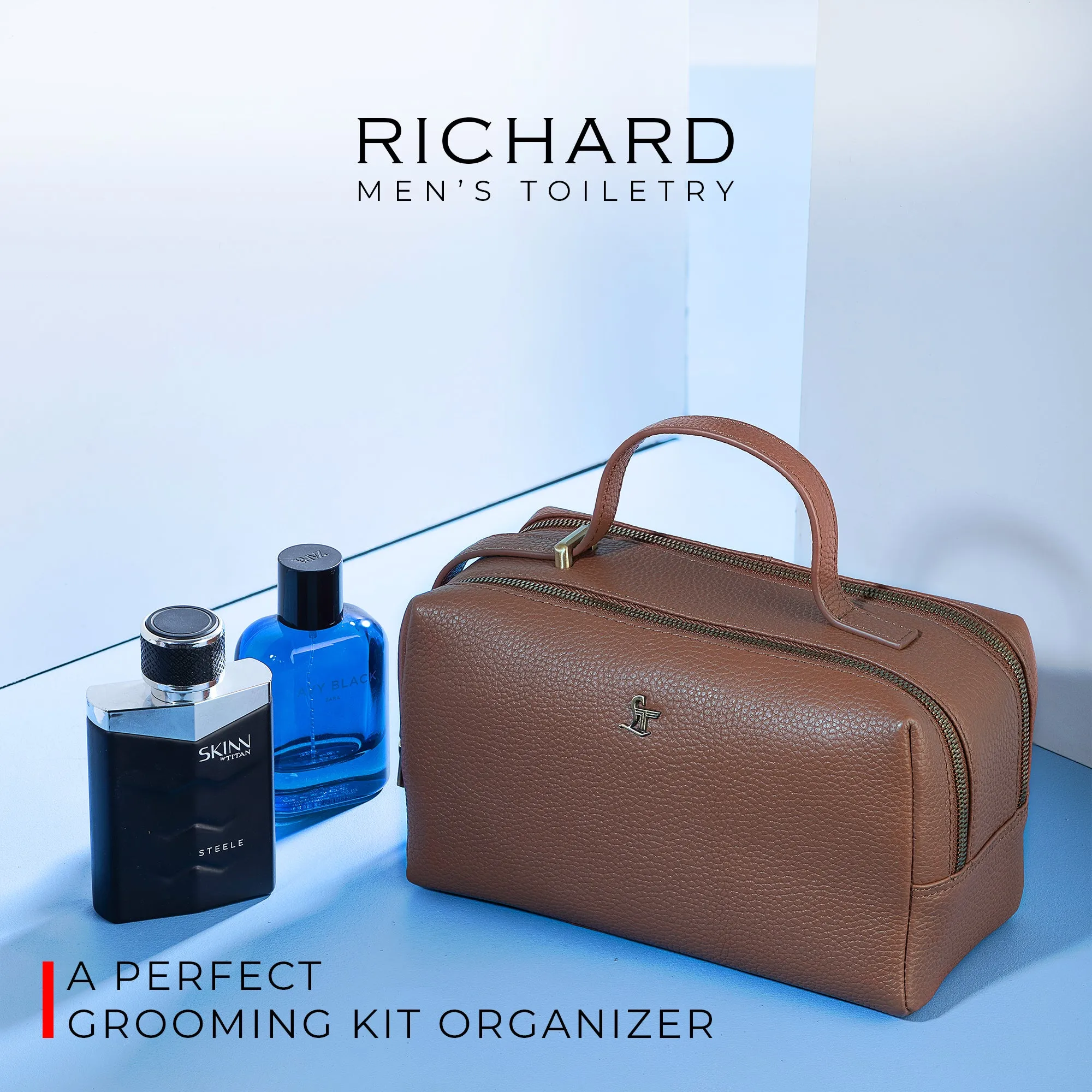 Richard's Leather Toiletry  /  Shaving Kit Bag For Men | For Carrying Grooming Essentials & Travel | In Black, Brown & Tan