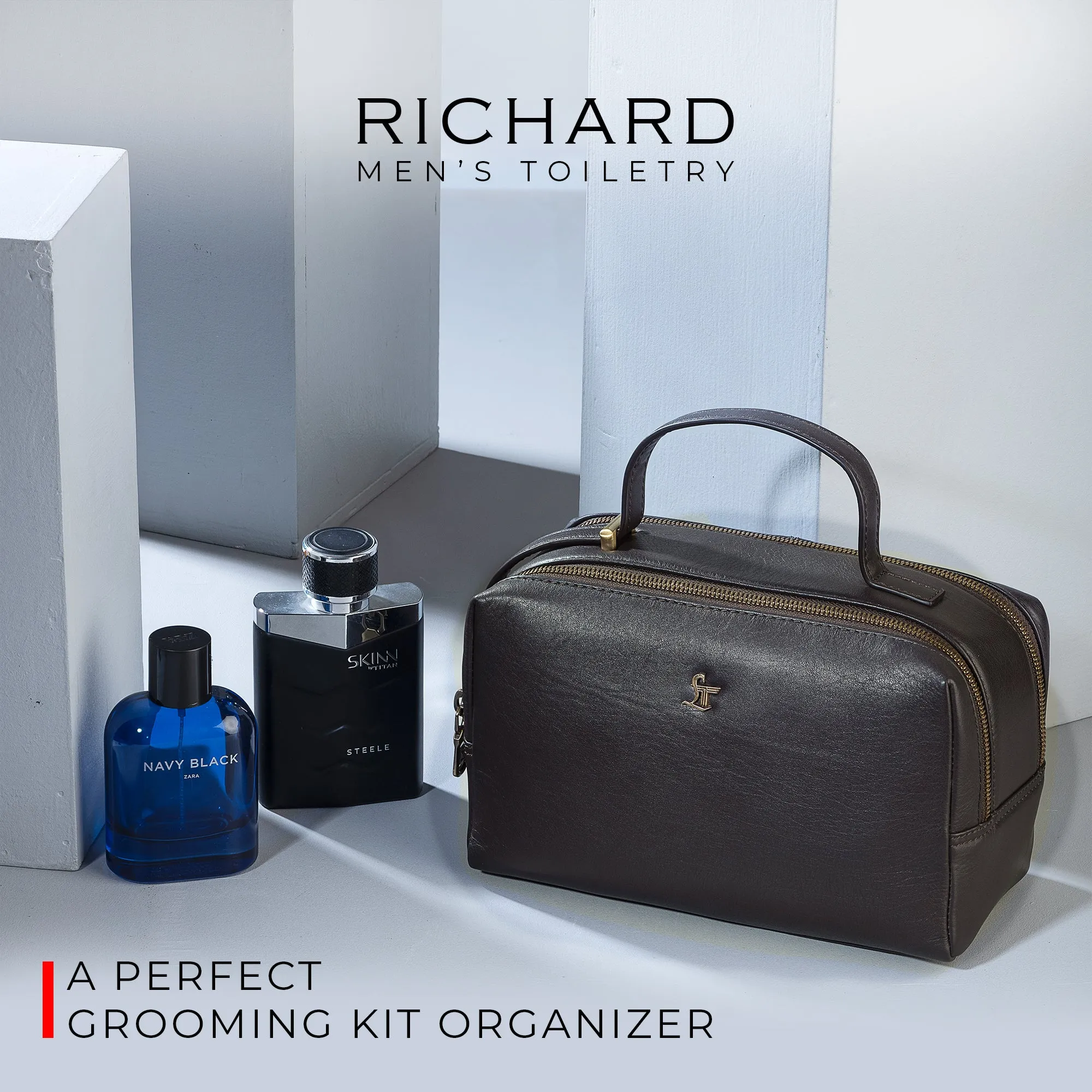 Richard's Leather Toiletry  /  Shaving Kit Bag For Men | For Carrying Grooming Essentials & Travel | In Black, Brown & Tan