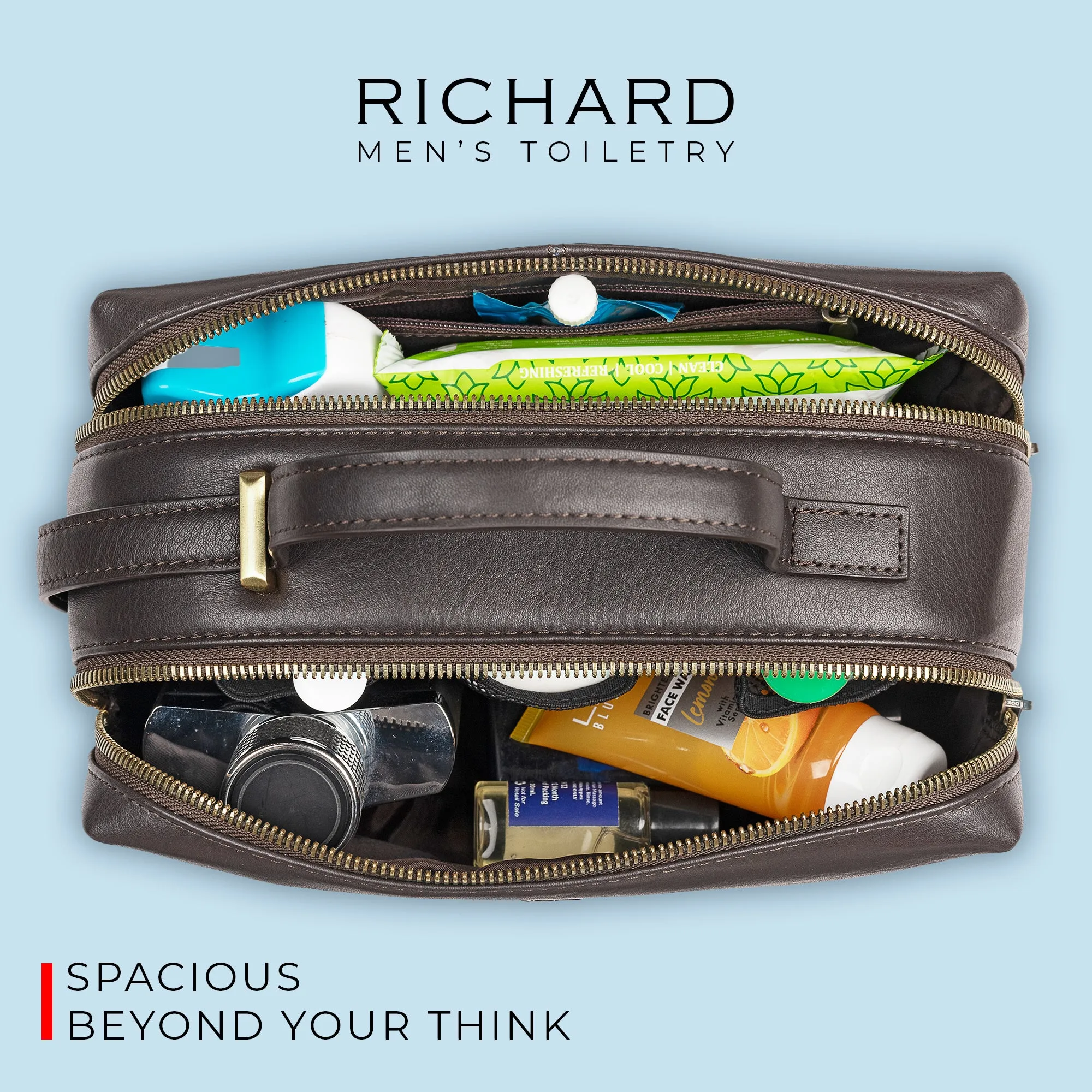 Richard's Leather Toiletry  /  Shaving Kit Bag For Men | For Carrying Grooming Essentials & Travel | In Black, Brown & Tan