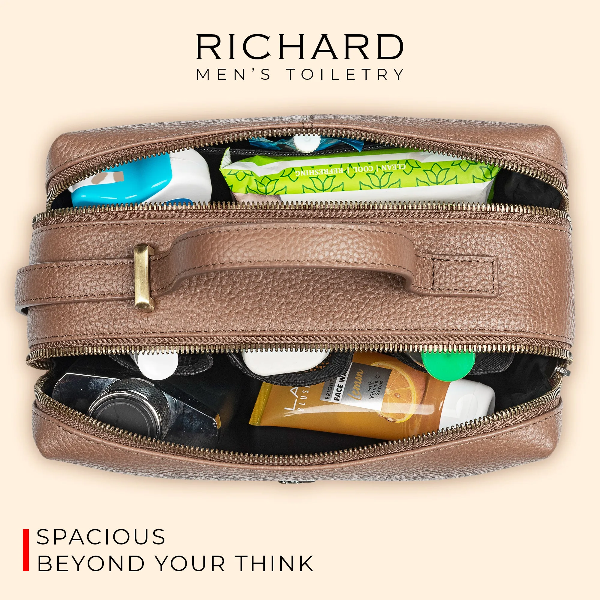 Richard's Leather Toiletry  /  Shaving Kit Bag For Men | For Carrying Grooming Essentials & Travel | In Black, Brown & Tan