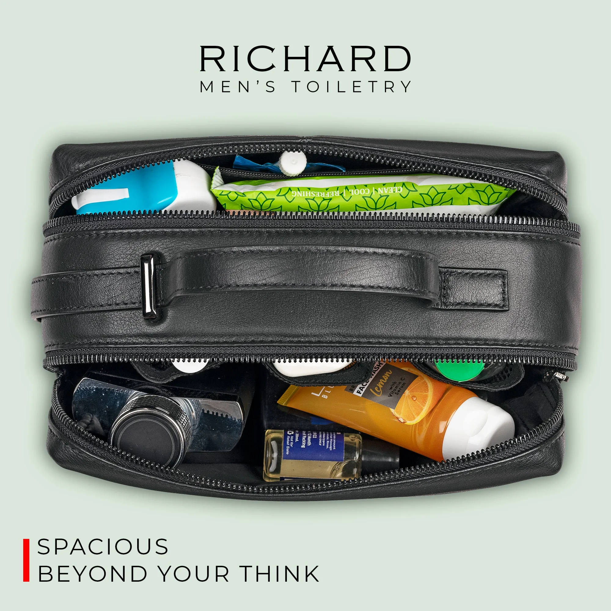 Richard's Leather Toiletry  /  Shaving Kit Bag For Men | For Carrying Grooming Essentials & Travel | In Black, Brown & Tan