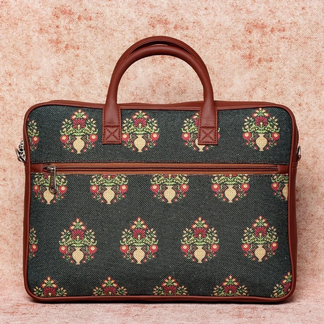 Royal Green Mogra Print Laptop Bag