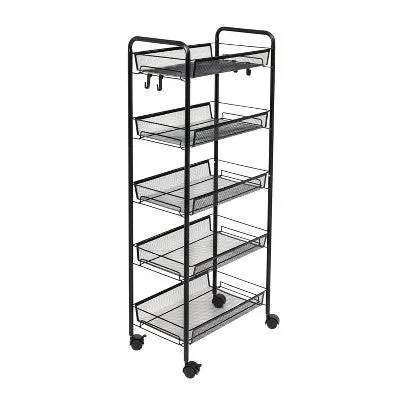 SOGA 5 Tier Steel Black Bee Mesh Kitchen Cart Multi-Functional Shelves Portable Storage Organizer with Wheels