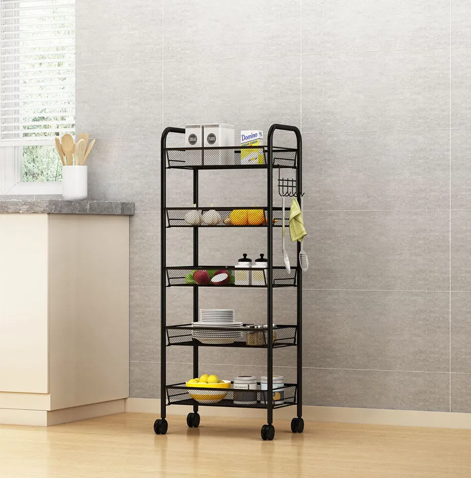 SOGA 5 Tier Steel Black Bee Mesh Kitchen Cart Multi-Functional Shelves Portable Storage Organizer with Wheels