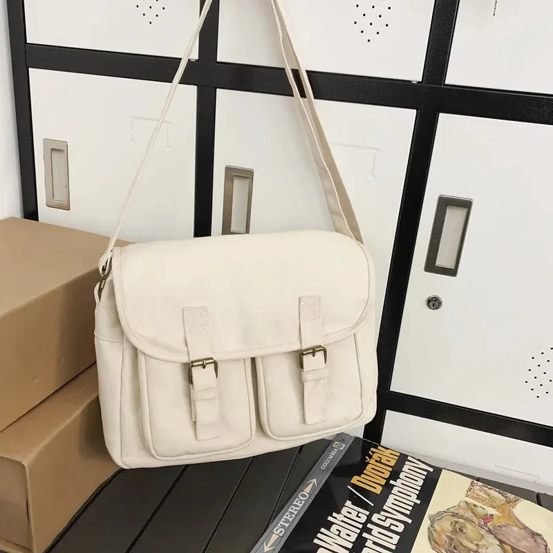 Sohiwoo College Canvas Textile Big Capacity School Book Laptop Postman Bag Street Wear Ita Grunge Y2K 90s Square White Side Shoulder Bag