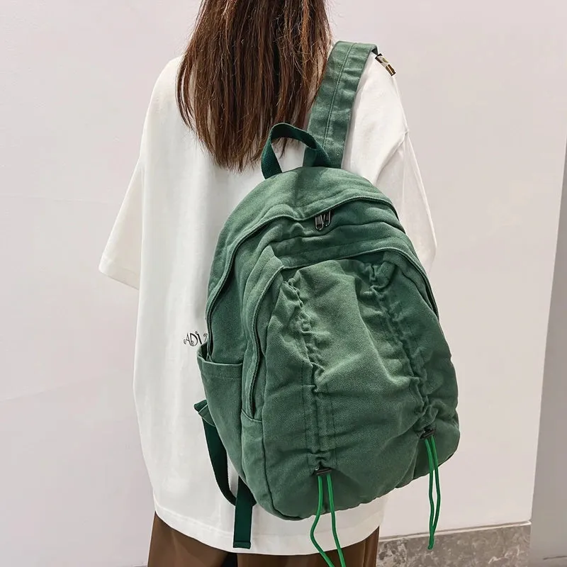 Sohiwoo Fashion Drawstring Design Women Backpack Solid Canvas College Backpack Female Student School Bags Girls Boys Leisure Travel Bag