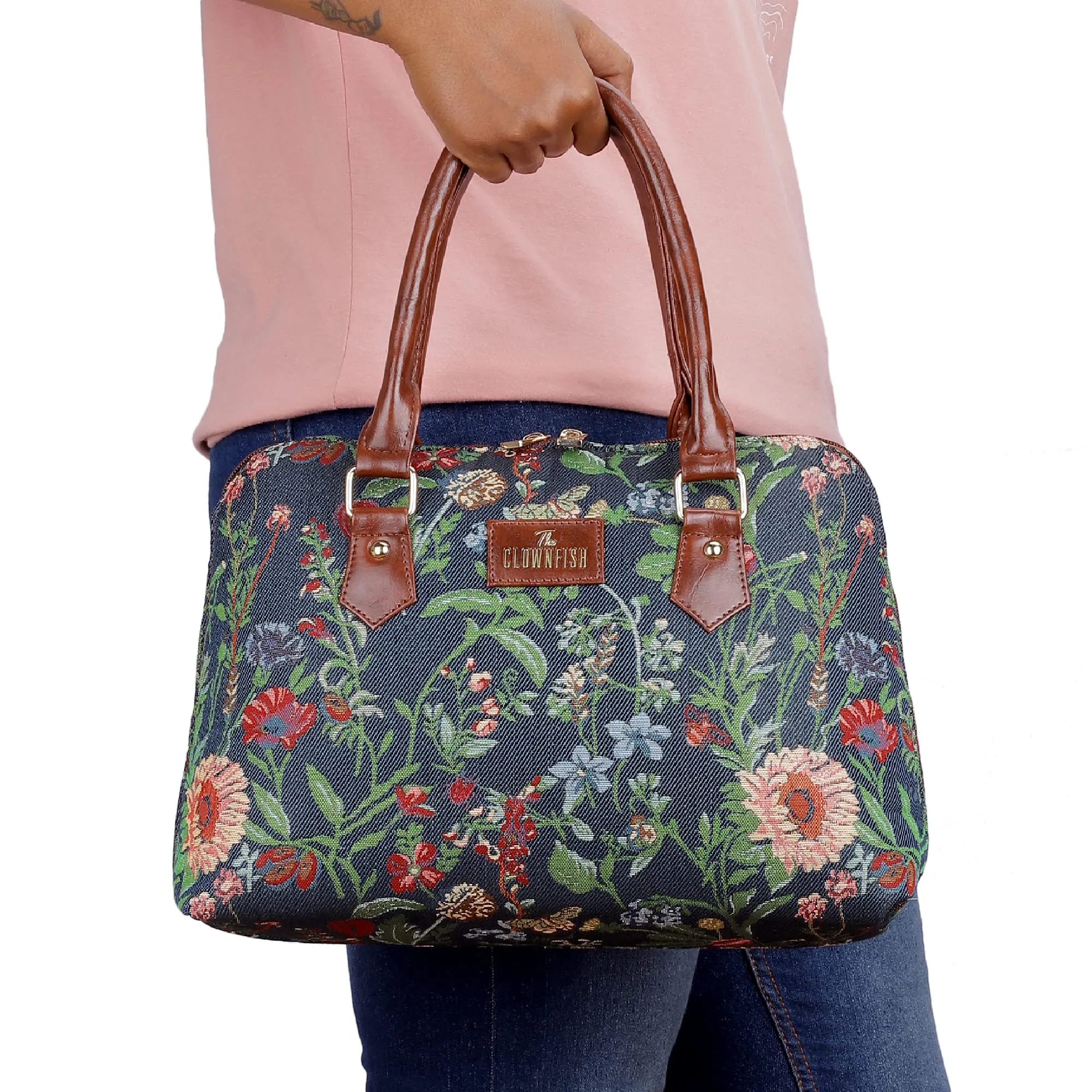 The Clownfish Montana Series Handbag for Women Office Bag Ladies Purse Shoulder Bag Tote For Women College Girls (Navy Blue-Floral)