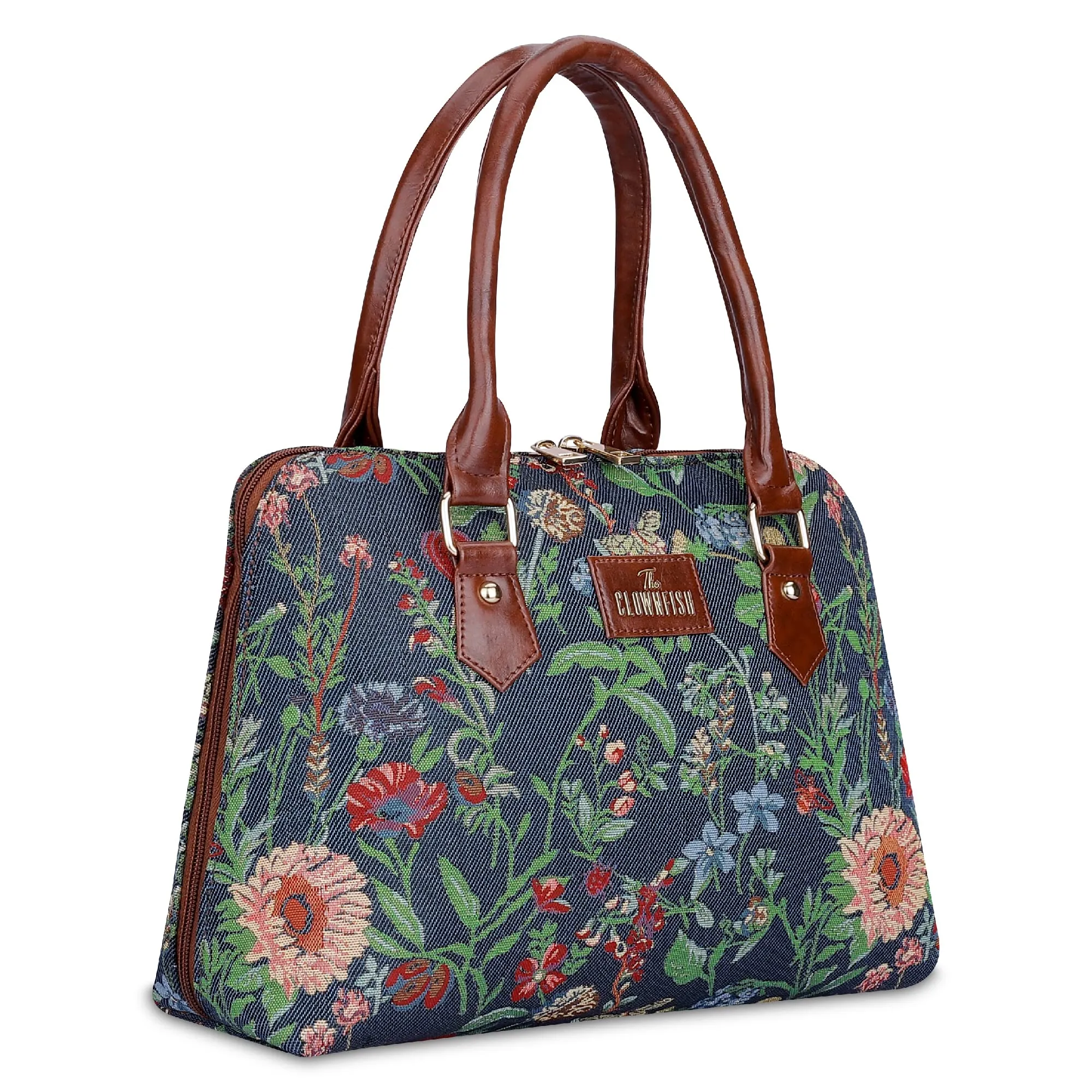 The Clownfish Montana Series Handbag for Women Office Bag Ladies Purse Shoulder Bag Tote For Women College Girls (Navy Blue-Floral)