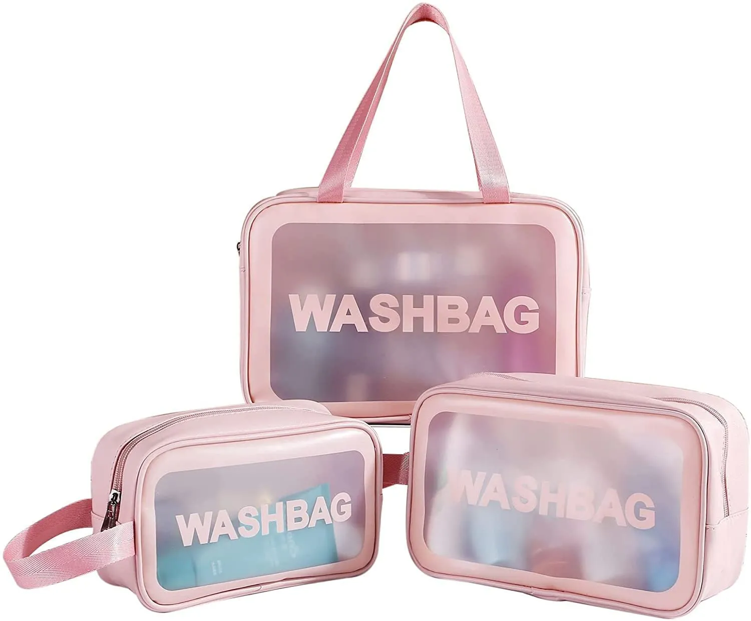 Umadiya® Multi-Functional Makeup Pouch for Women | Waterproof PVC Cosmetic Bags for Girls | Toiletry Storage Wash Bag | Travel Organizer for Bath Accessories & Grooming Kit, Set of 3 Pouches (Pink)