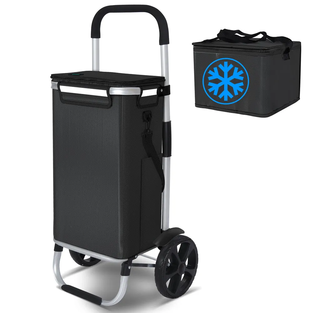 VOUNOT Folding Shopping Trolley with Cool Bag, 2 Mudguard wheels 57L Black