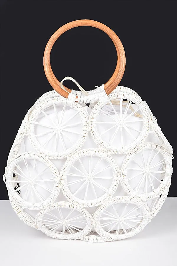 White Faux Straw Round Tote Bag