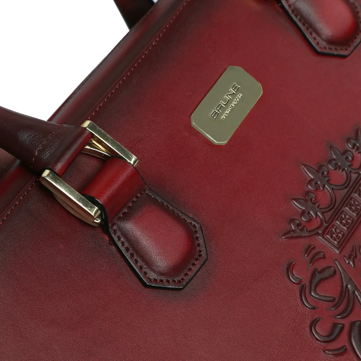 Wine Leather Embossed Lion Laptop Briefcase with Organizer Compartment by Brune & Bareskin