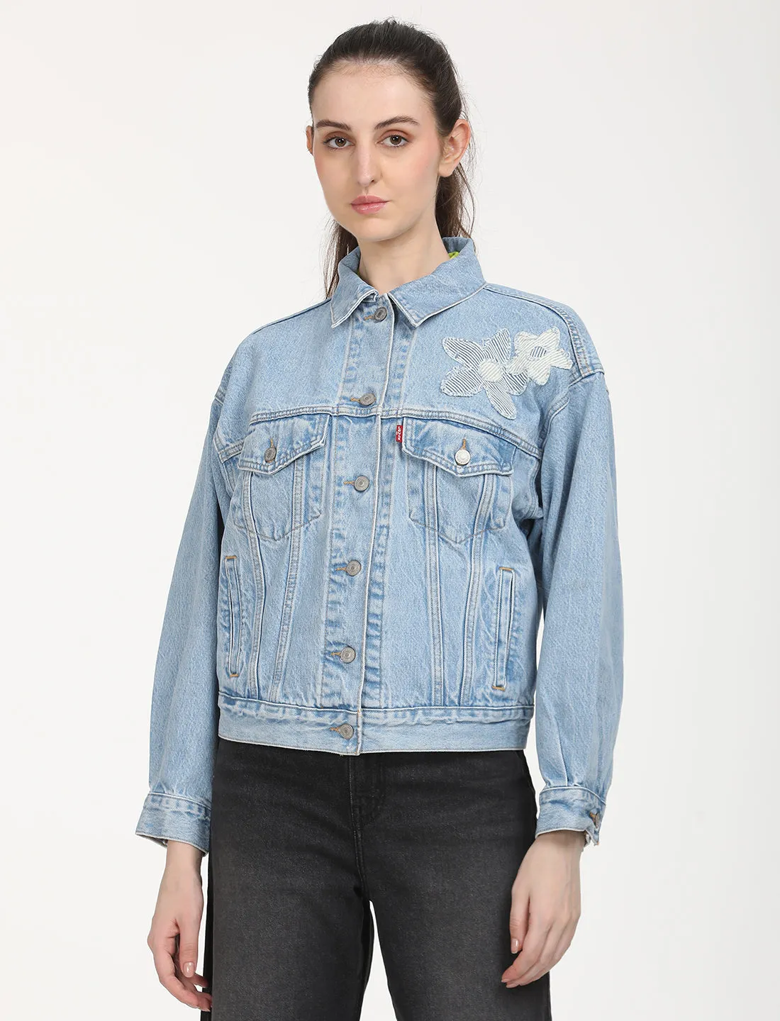 Women's Floral Print Blue Spread Collar Trucker Jacket