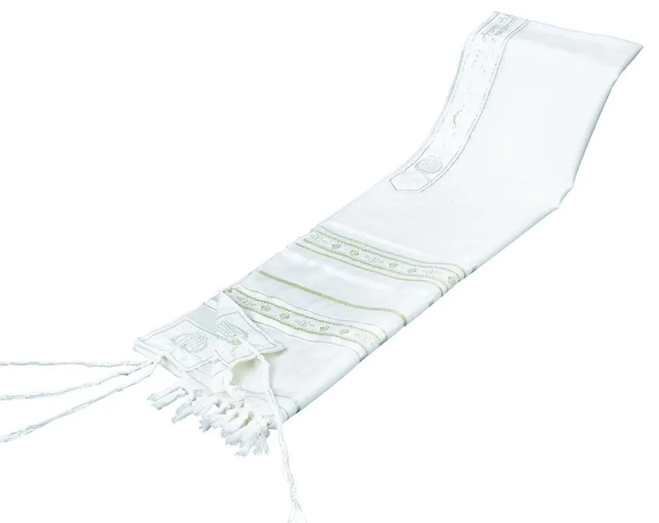 Wool White Tallit in Silver or Gold Tablet Ribbon