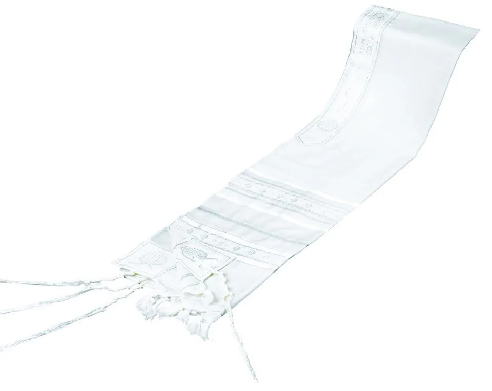 Wool White Tallit in Silver or Gold Tablet Ribbon