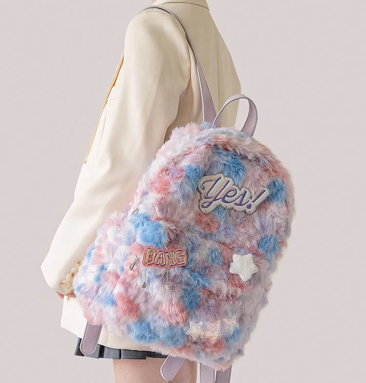 Y2K Star Pink Blue Rainbow Plush Fur School Backpack Bag